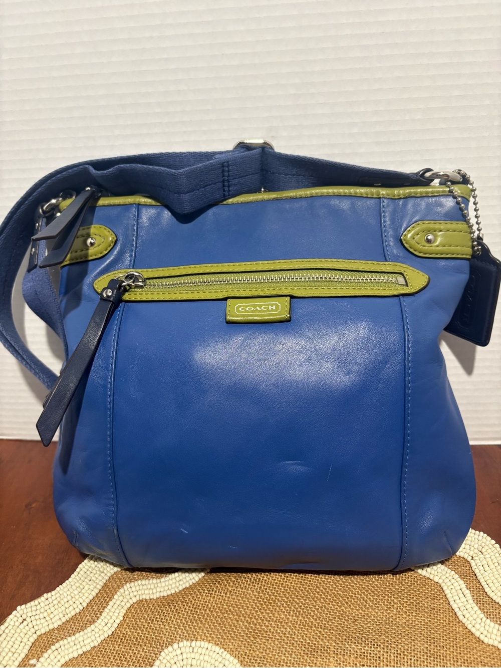 Coach Blue Leather Shoulder Bag with Lime Trim
